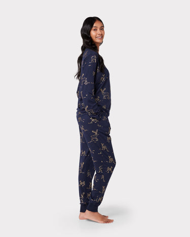Navy & Gold Foil Deer Print Long Pyjama Set